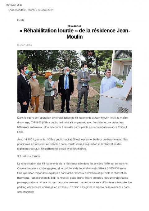Lindependant 05 10 2021 RIVESALTES Réhabilitation lourde de la résidence Jean Moulin Page 1